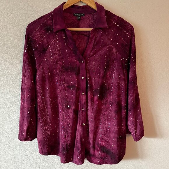 Sami &‎ Jo Burgundy Sequin 3/4 Sleeve Bohemian Button Down Size PM - Picture 7 of 7